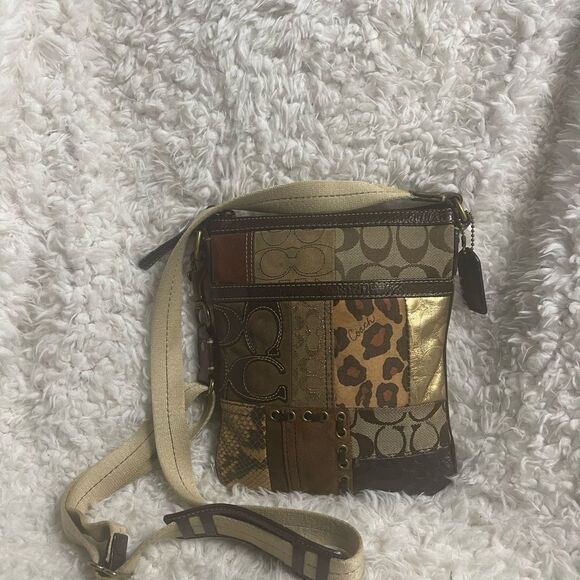 COACH Brown/Gold Metallic Signature Patchwork crossbody bag. - Picture 6 of 15